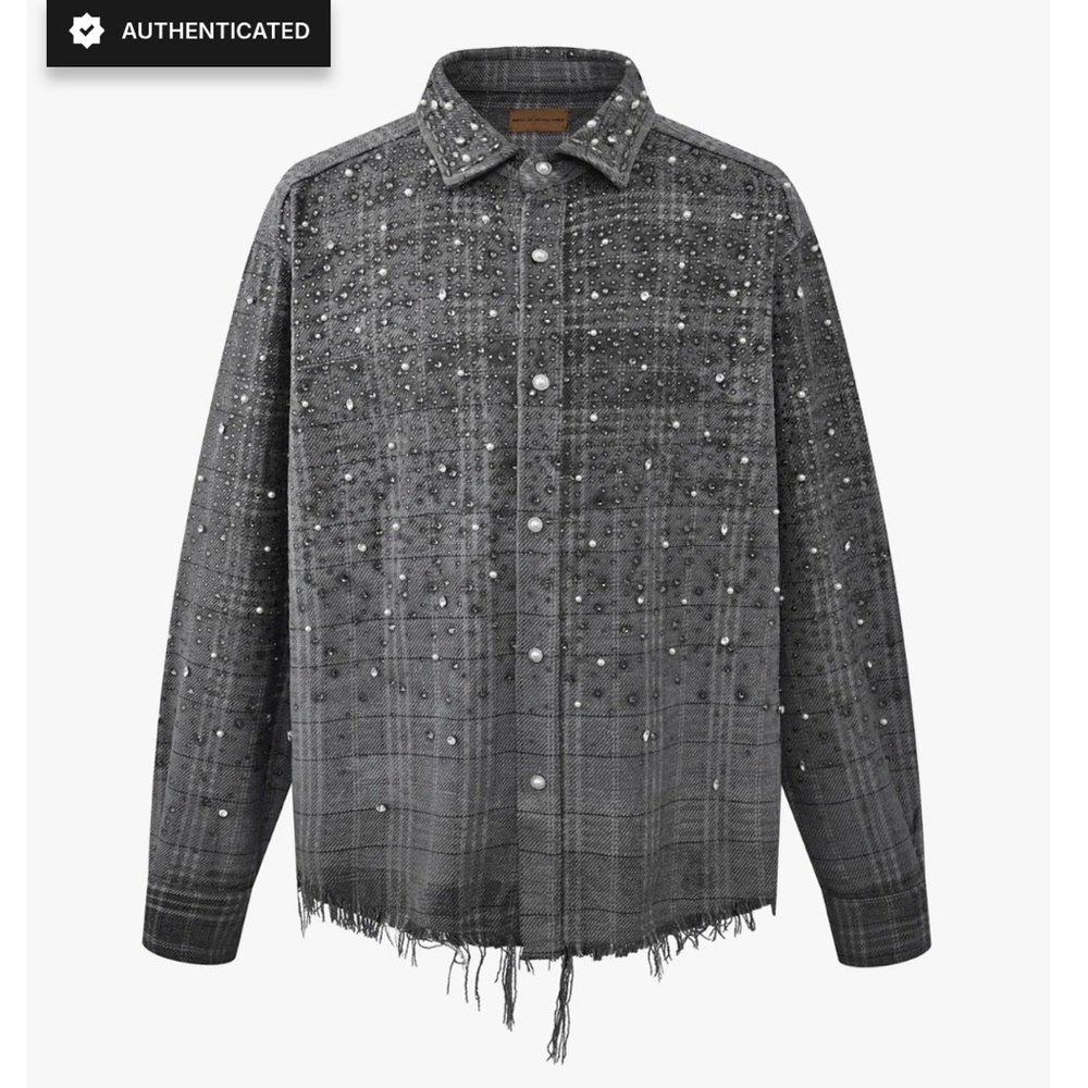 Birth of Royal Child Gray Plaid Button Down Shirt with Diamond and Pearl Accents - Picture 10 of 10